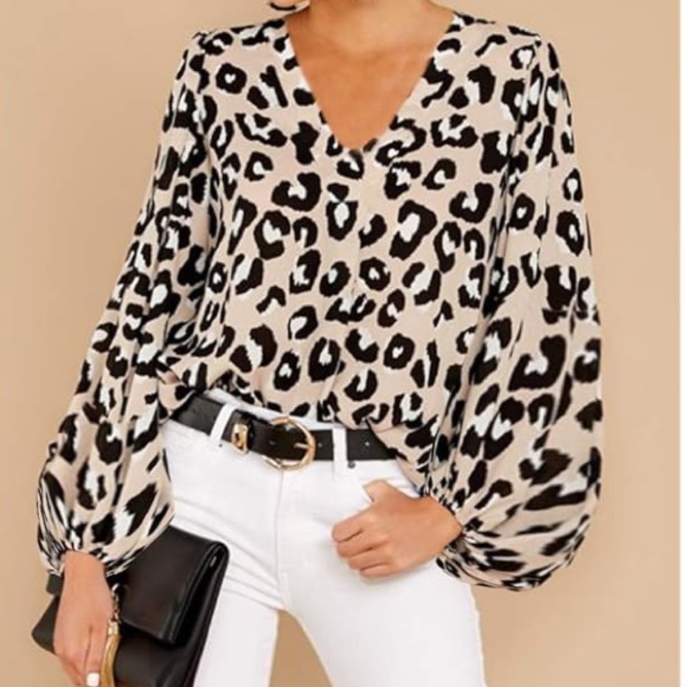 Aura Oversized Lantern Sleeve Leopard Chiffon Blouse M